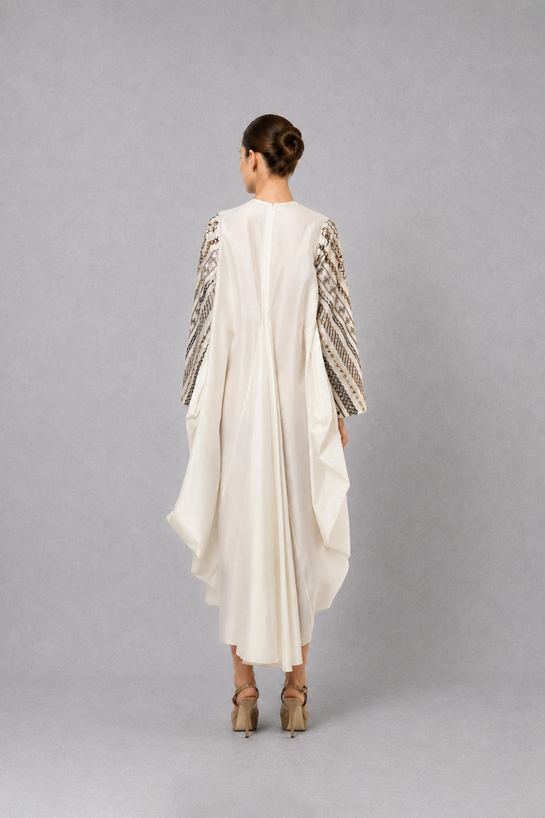 Ivory One-Side Pleated Embroidered Dress With Asymmetrical Hem.