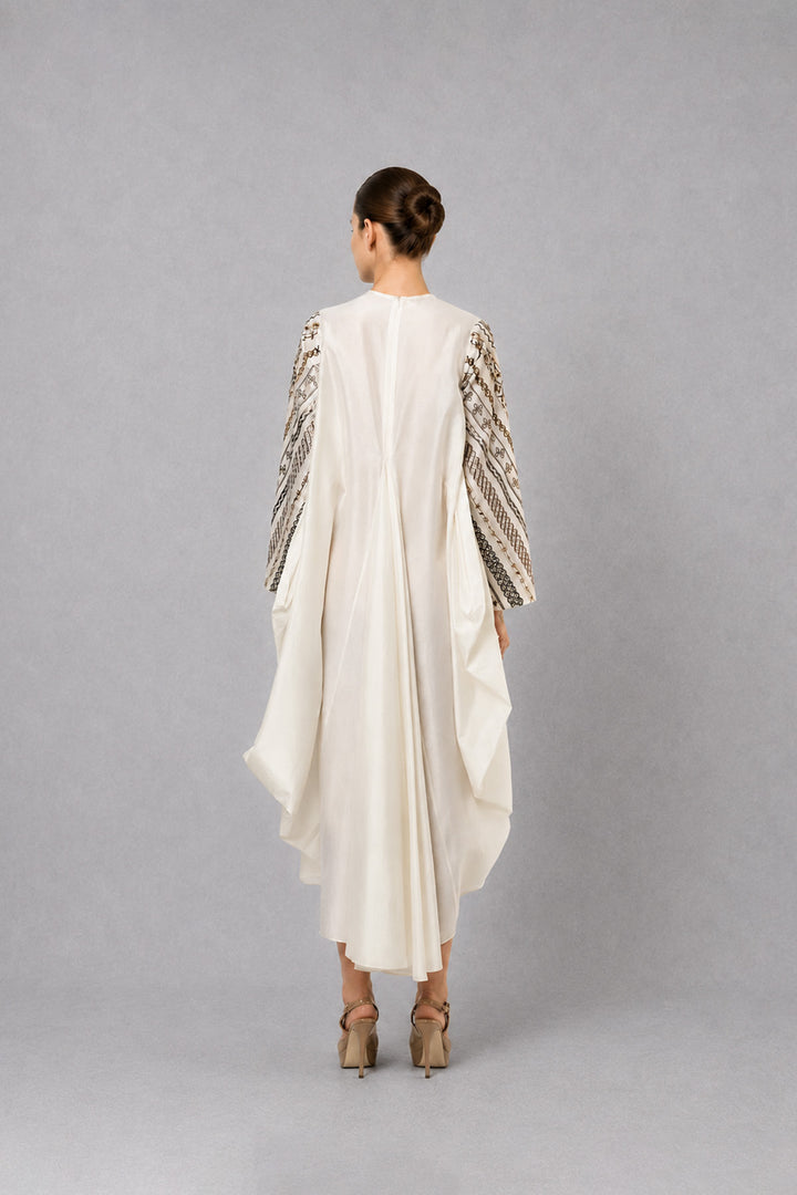 Ivory One-Side Pleated Embroidered Dress With Asymmetrical Hem.