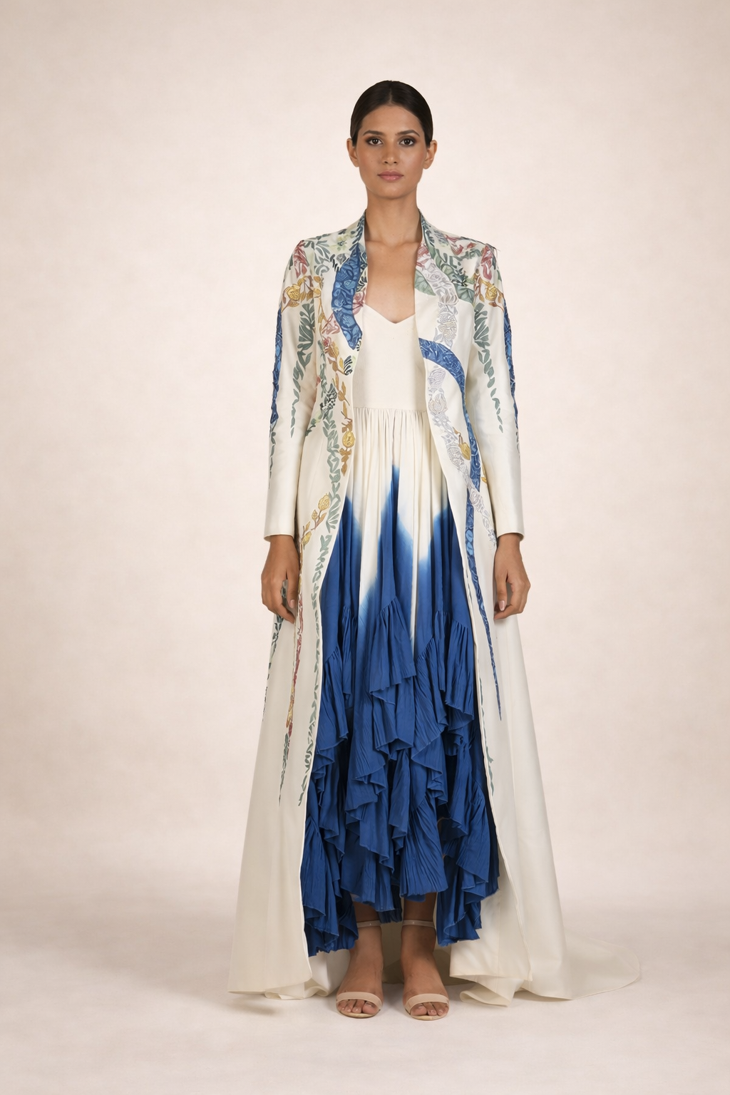 Ombre cotton tube dress along with embroidered cotton silk jacket
