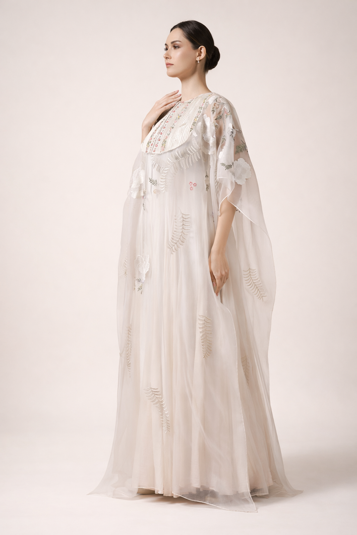Ivory Kaftan Ensemble Crafted In Organza Silk