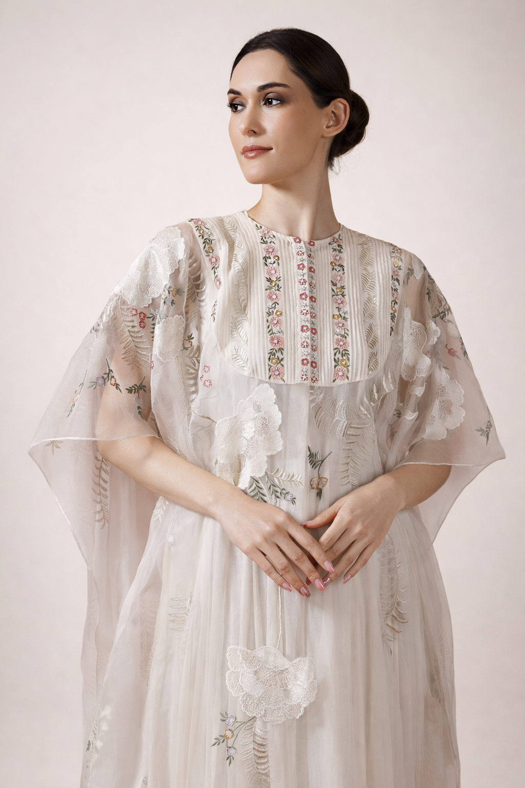Ivory Kaftan Ensemble Crafted In Organza Silk