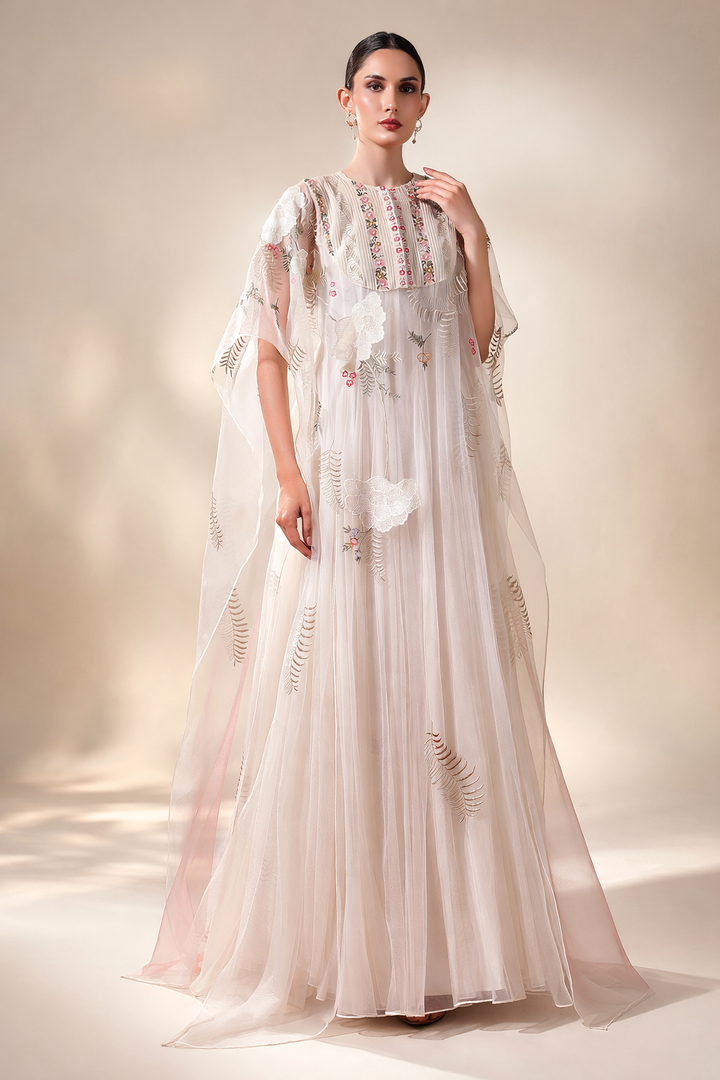 Ivory Kaftan Ensemble Crafted In Organza Silk