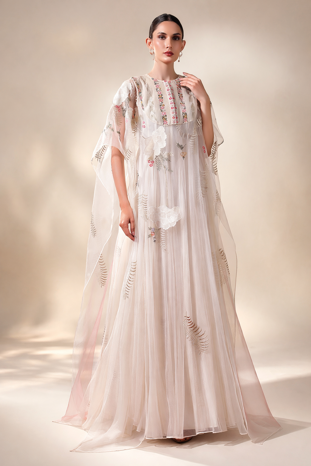 Ivory Kaftan Ensemble Crafted In Organza Silk