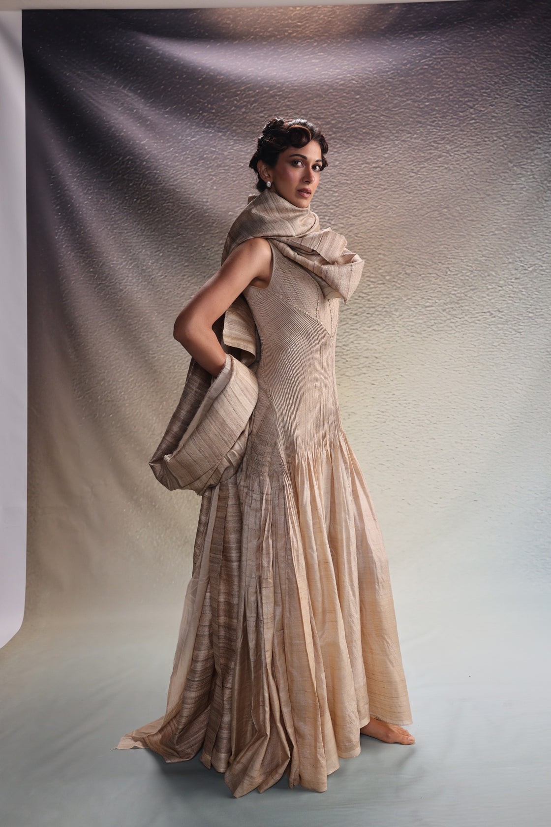 Beige Panelled Drape Dress