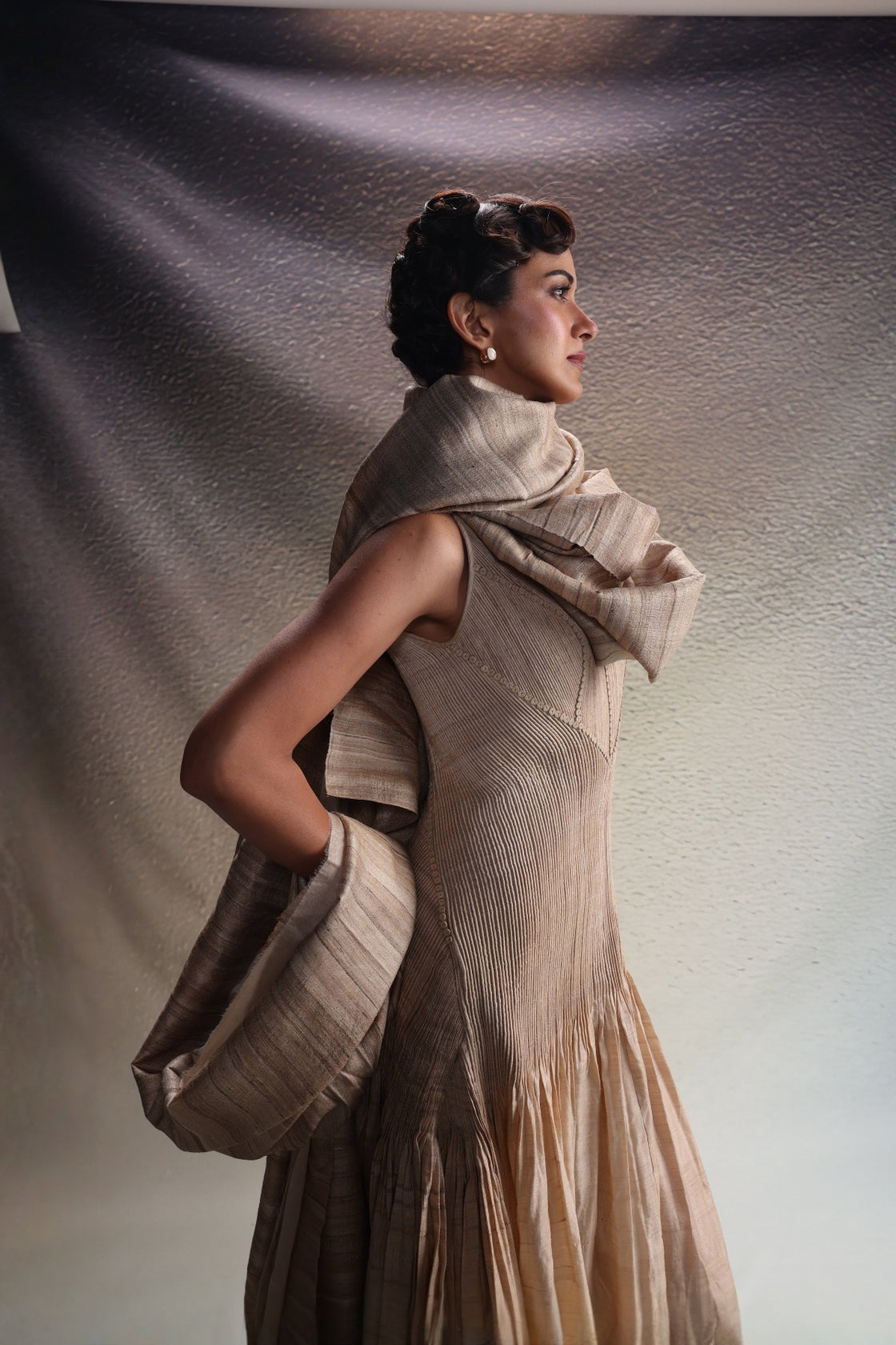 Beige Panelled Drape Dress