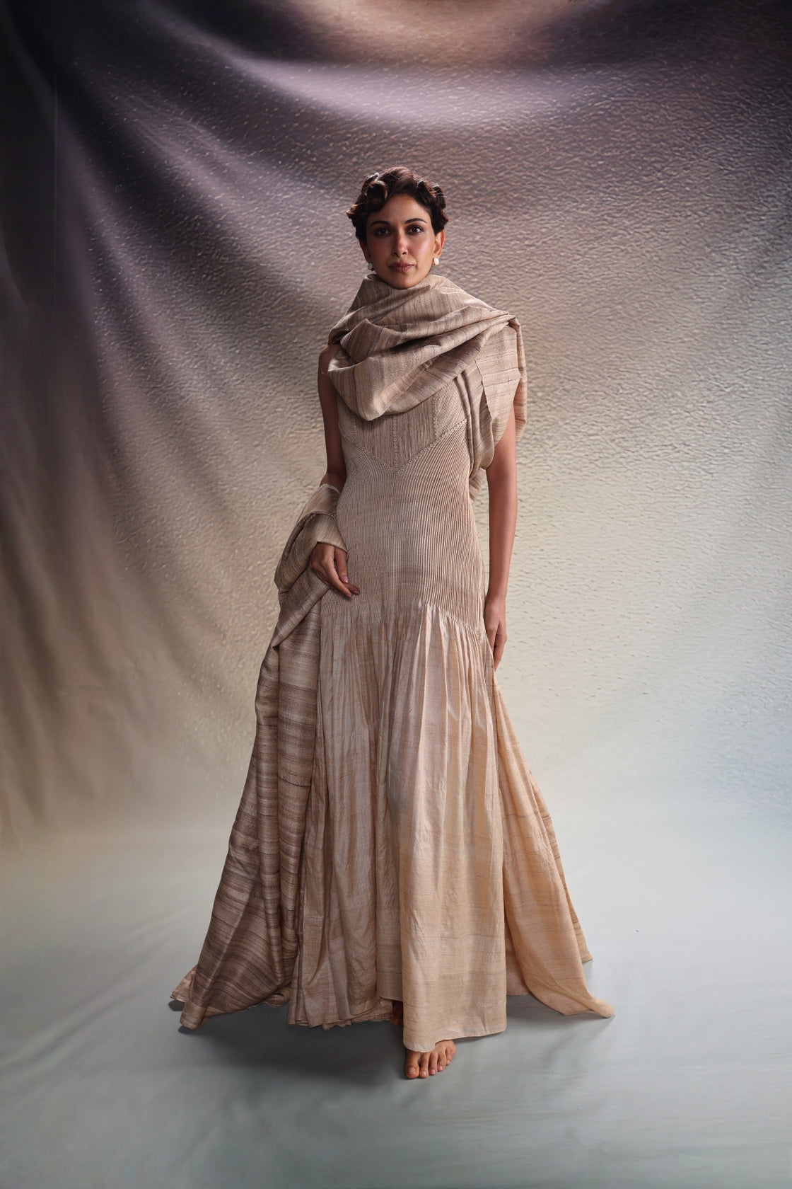 Beige Panelled Drape Dress