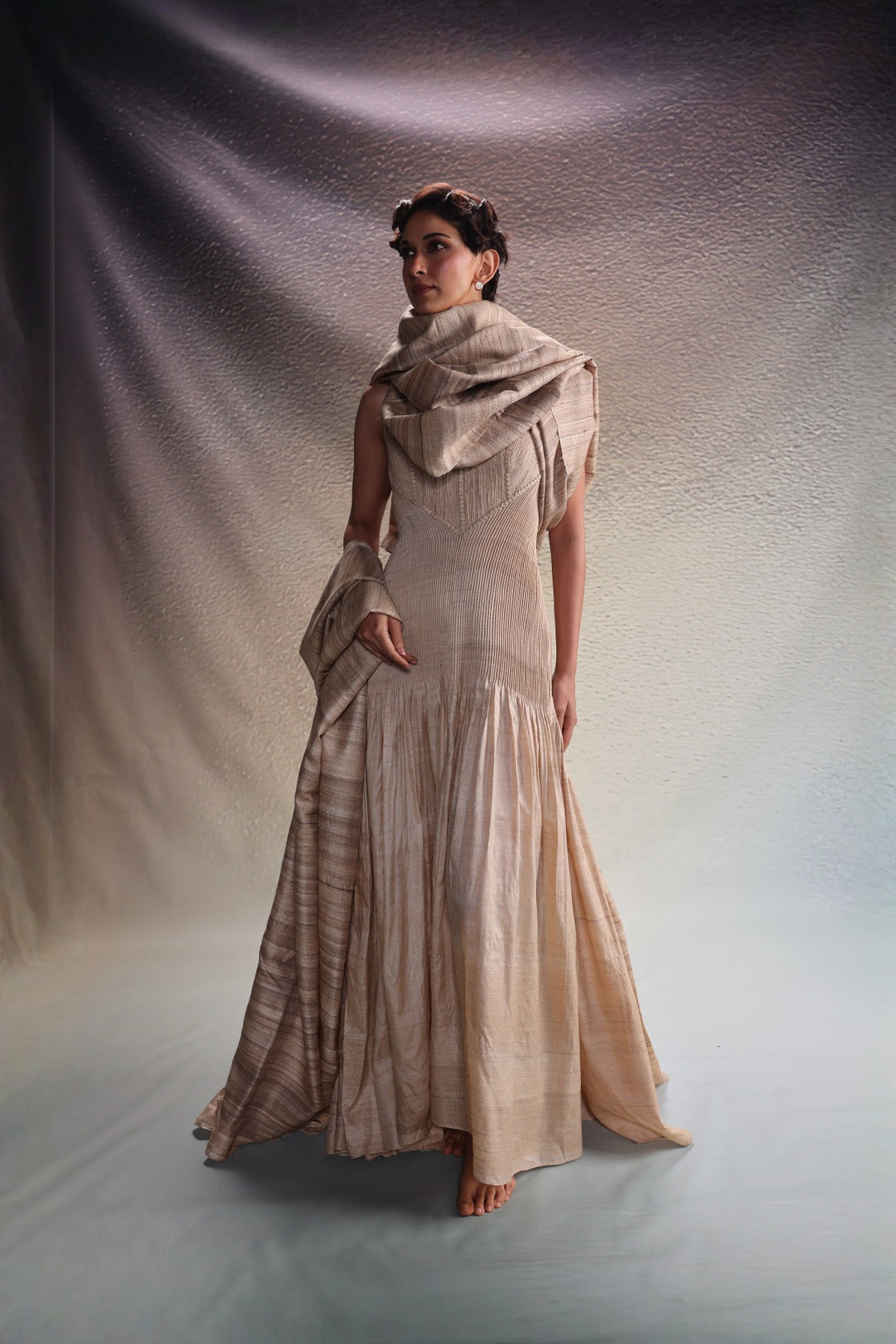 Beige Panelled Drape Dress