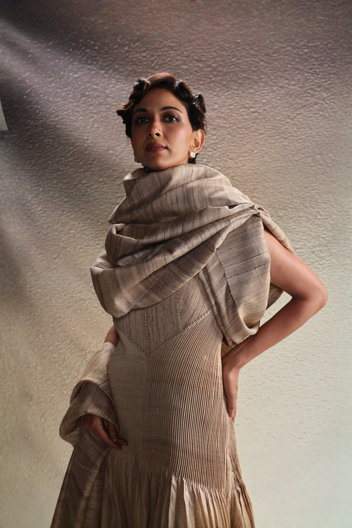Beige Panelled Drape Dress