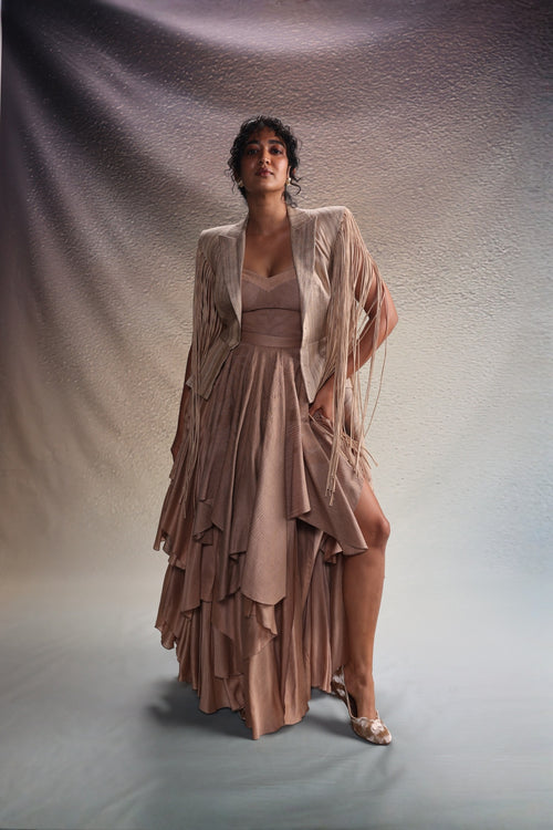 Beige Fringe Detail Layered Dress Set