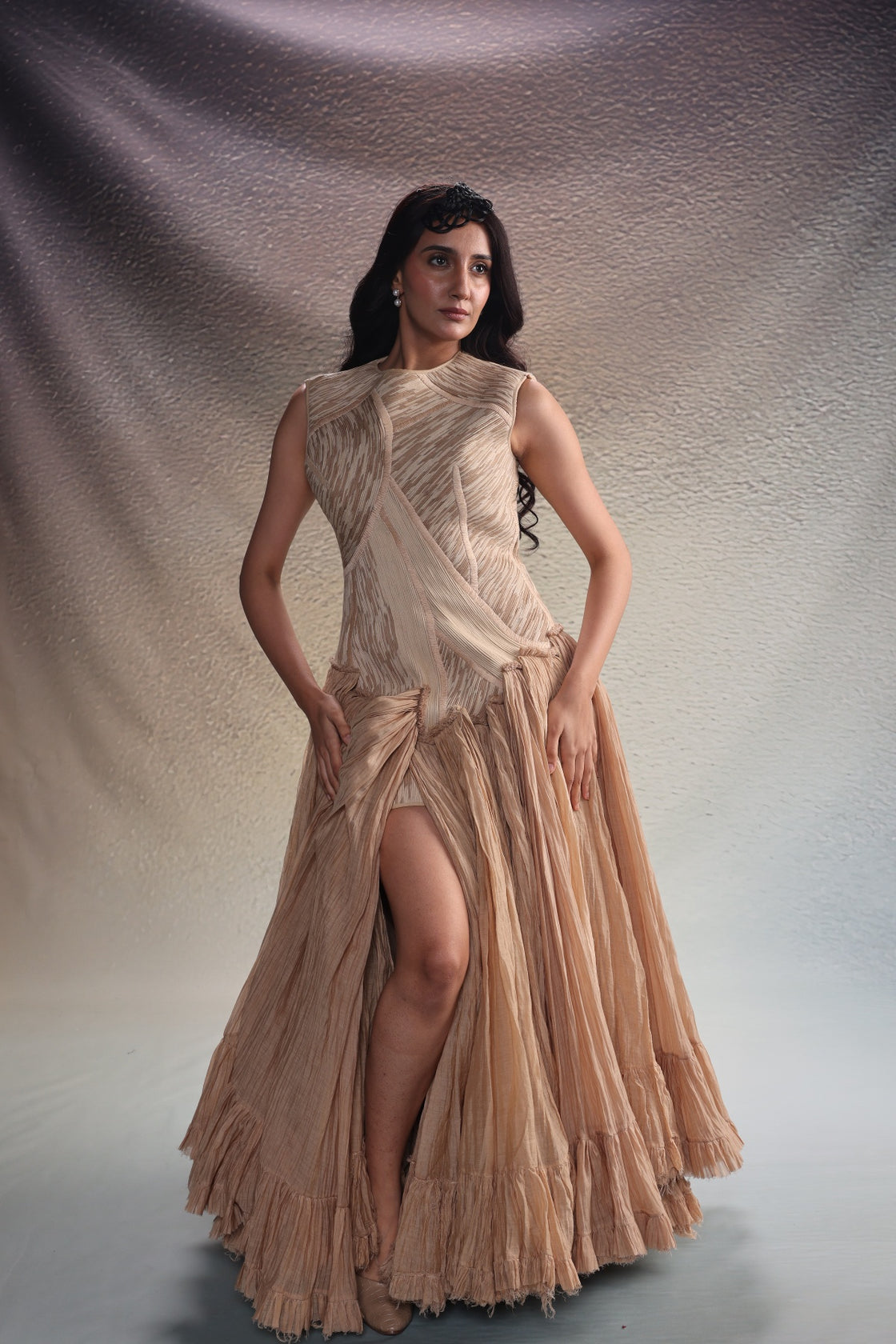Beige Textured Panels Gown
