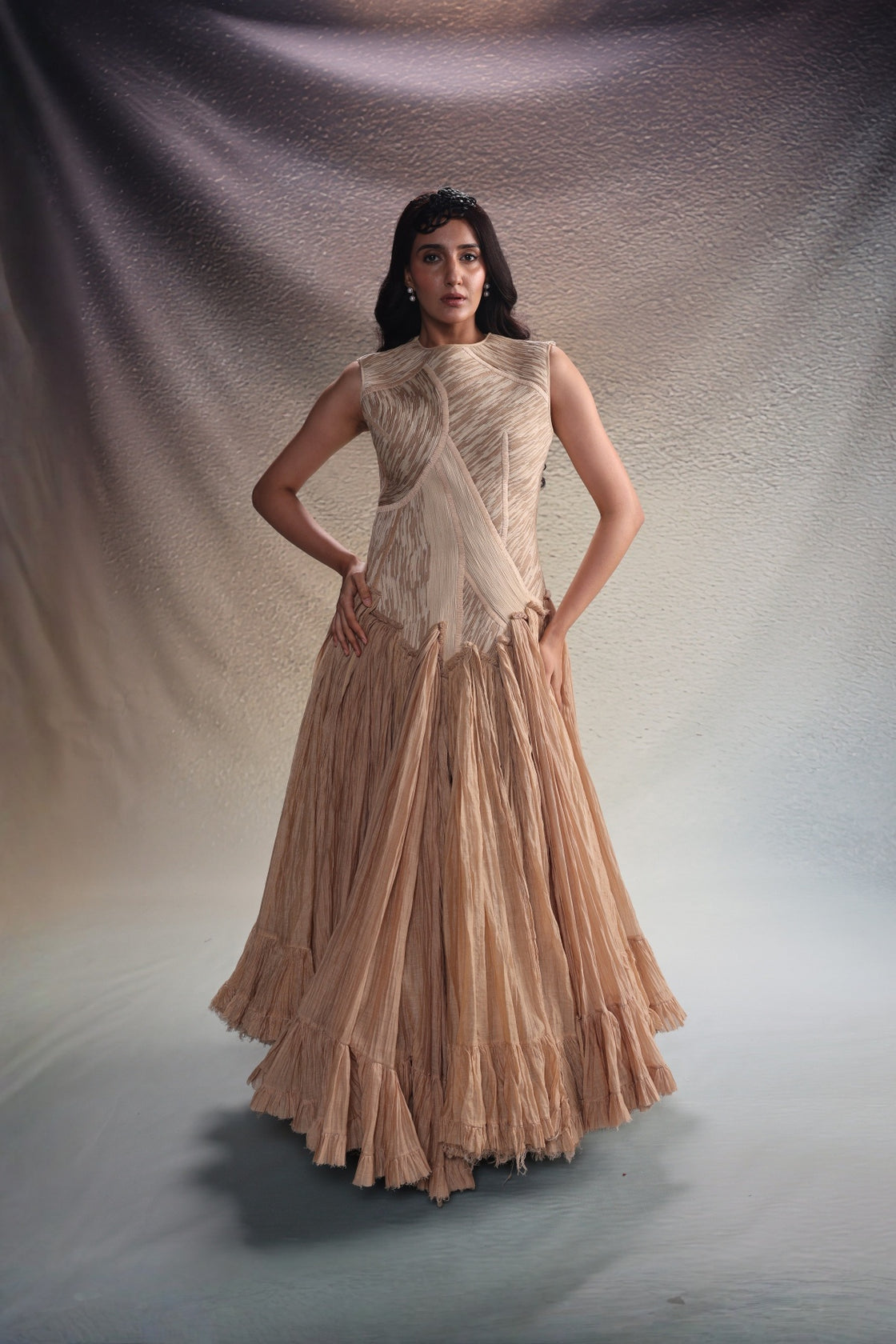 Beige Textured Panels Gown