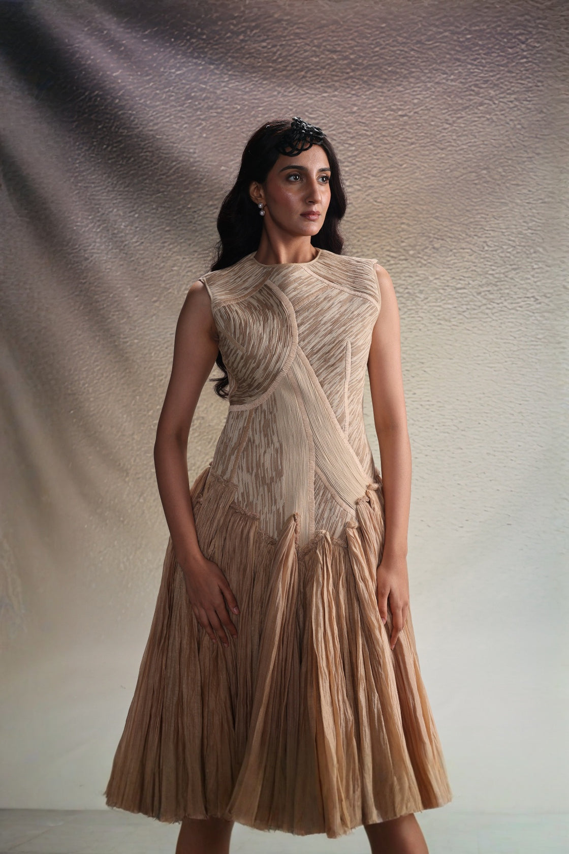 Beige Textured Panels Gown