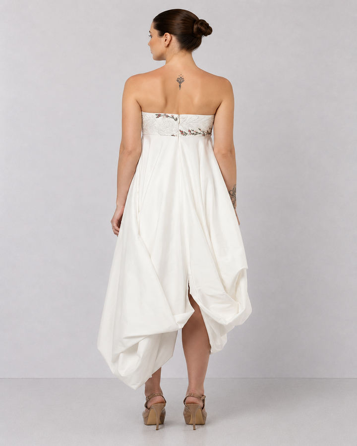 Ivory Embroidered Layered Dress Featuring A Draped Front Panel, Floral Detailing And Elegant Open-Front Overlay.