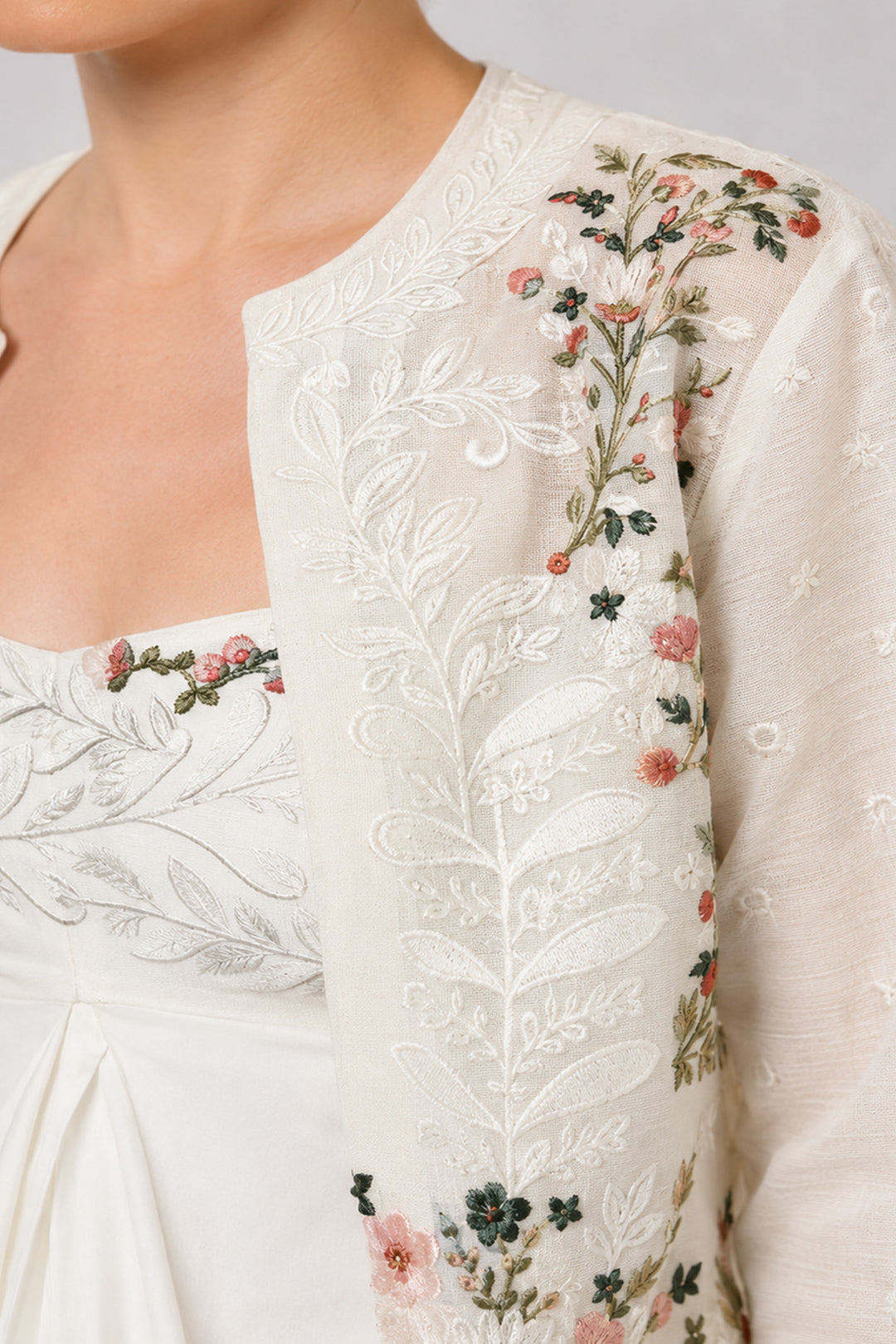 Ivory Embroidered Layered Dress Featuring A Draped Front Panel, Floral Detailing And Elegant Open-Front Overlay.