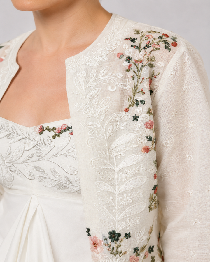 Ivory Embroidered Layered Dress Featuring A Draped Front Panel, Floral Detailing And Elegant Open-Front Overlay.