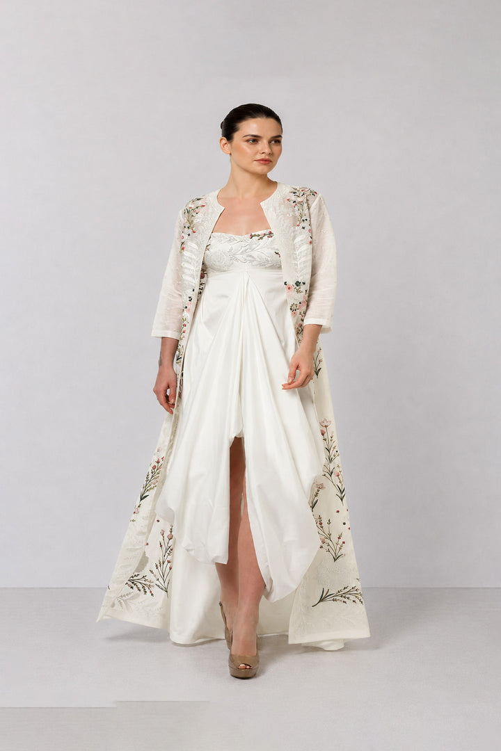 Ivory Embroidered Layered Dress Featuring A Draped Front Panel, Floral Detailing And Elegant Open-Front Overlay.
