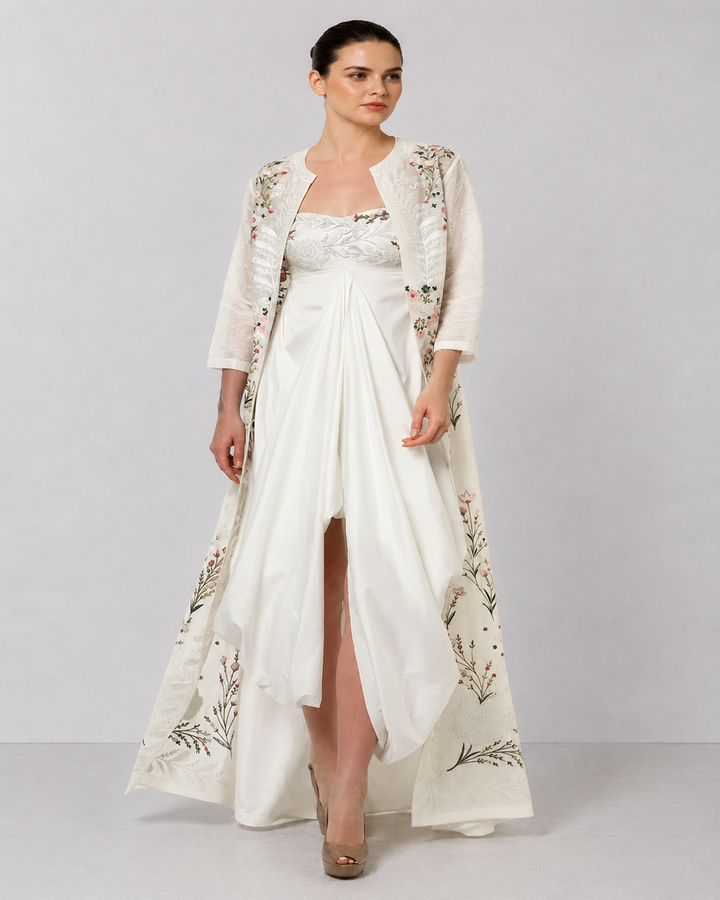 Ivory Embroidered Layered Dress Featuring A Draped Front Panel, Floral Detailing And Elegant Open-Front Overlay.
