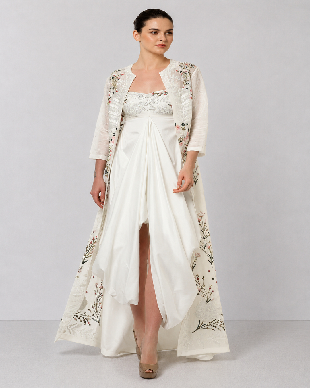 Embroidered Draped Dress & Long Jacket