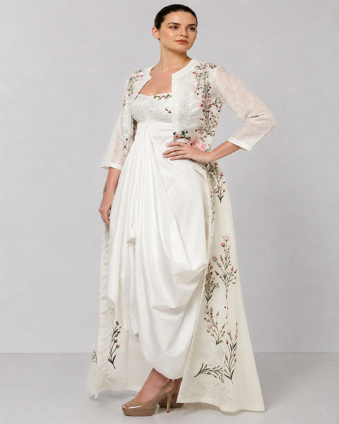 Ivory Embroidered Layered Dress Featuring A Draped Front Panel, Floral Detailing And Elegant Open-Front Overlay.
