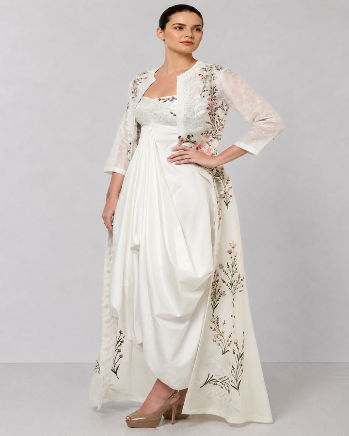 Ivory Embroidered Layered Dress Featuring A Draped Front Panel, Floral Detailing And Elegant Open-Front Overlay.