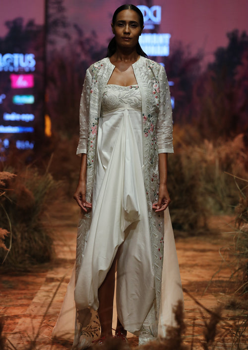 Embroidered Draped Dress & Long Jacket