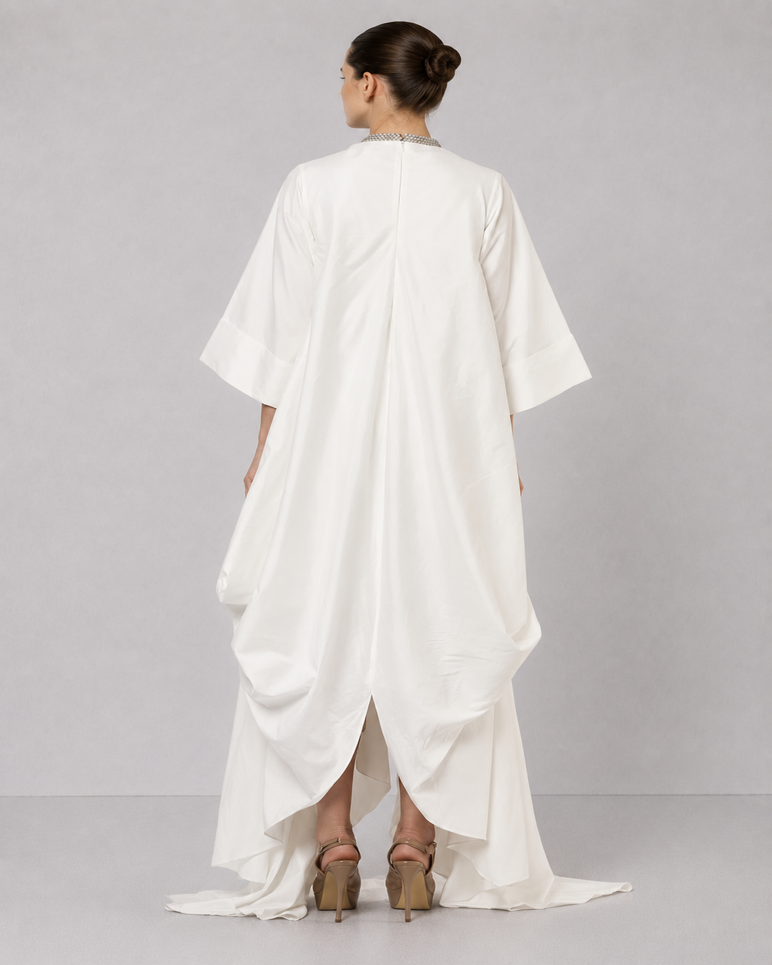 Ivory Draped Overlay Dress With Tonal Floral Embroidery, Cascading Panels, And Relaxed Statement Sleeves.