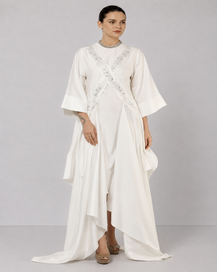 Ivory Draped Overlay Dress With Tonal Floral Embroidery, Cascading Panels, And Relaxed Statement Sleeves.