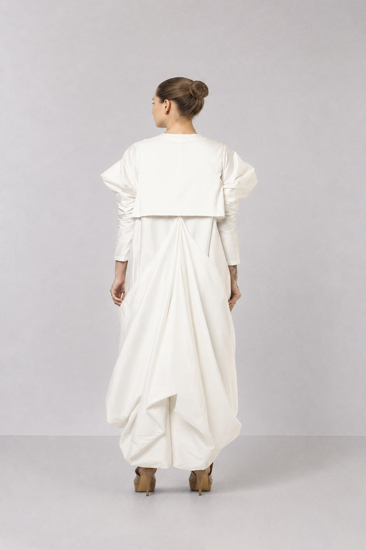 Ivory Floral Embroidered Dress With Statement Puff Sleeves And Sculpted Draped Hem.