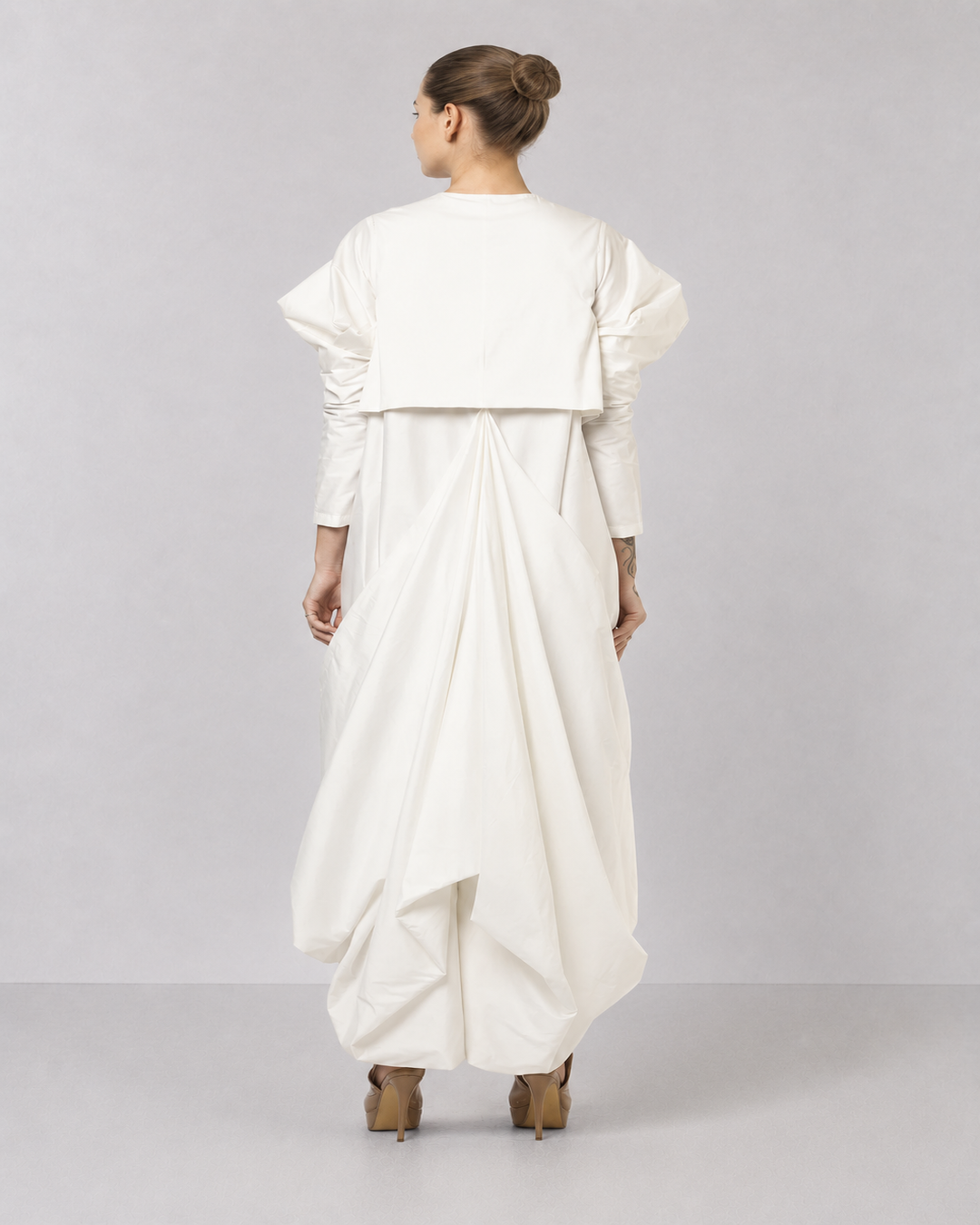 Ivory Floral Embroidered Dress With Statement Puff Sleeves And Sculpted Draped Hem.