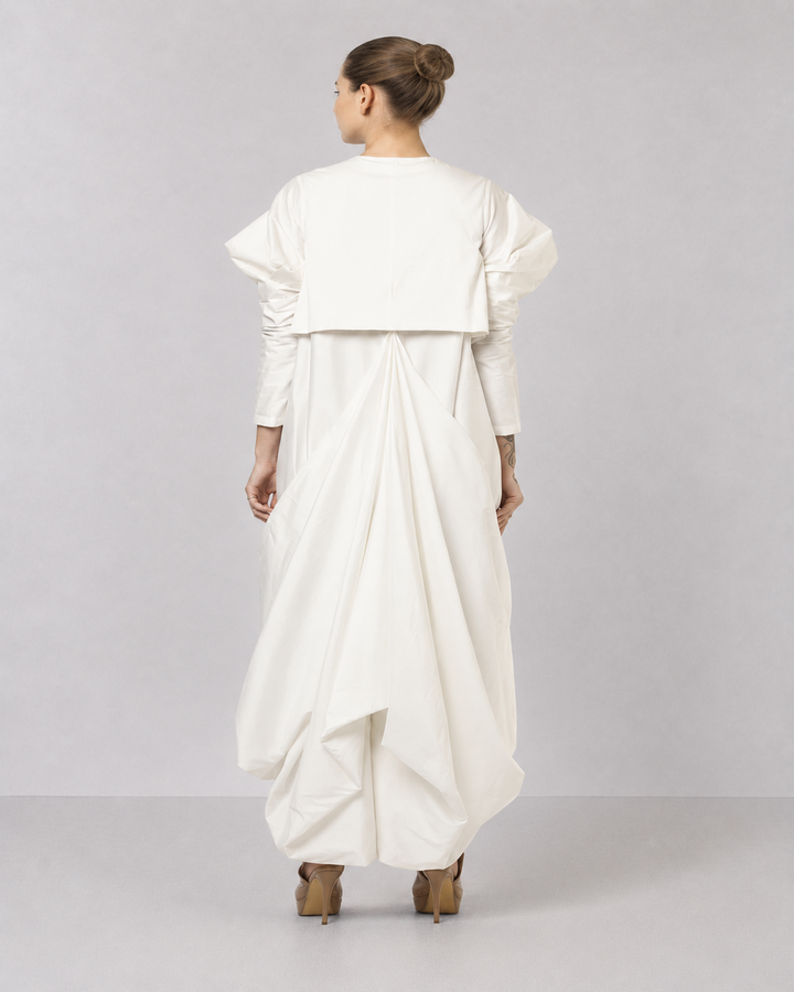 Ivory Floral Embroidered Dress With Statement Puff Sleeves And Sculpted Draped Hem.