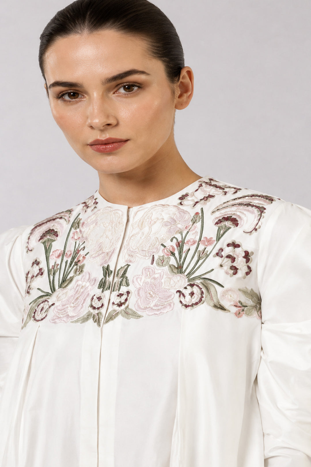 Ivory Floral Embroidered Dress With Statement Puff Sleeves And Sculpted Draped Hem.