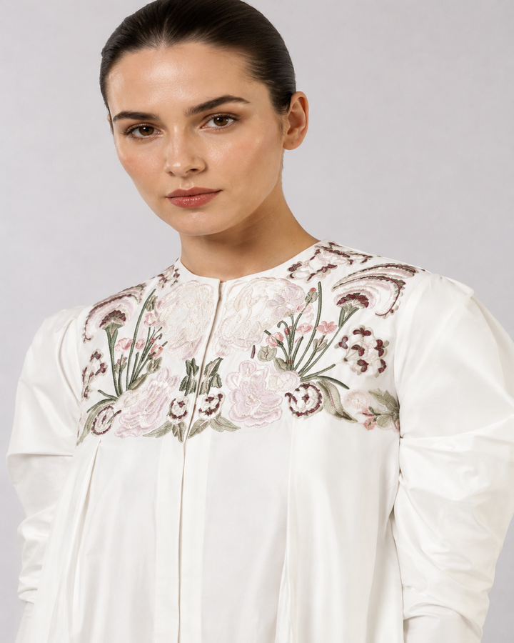 Ivory Floral Embroidered Dress With Statement Puff Sleeves And Sculpted Draped Hem.