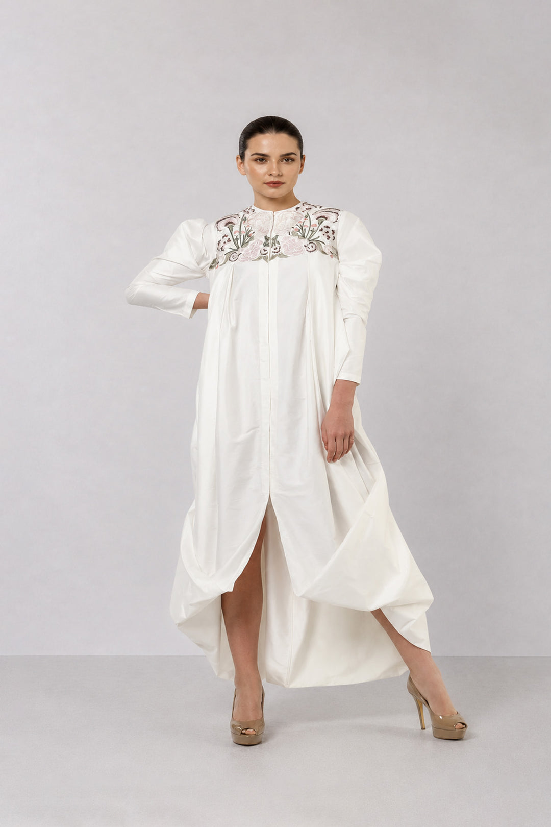 Ivory Floral Embroidered Dress With Statement Puff Sleeves And Sculpted Draped Hem.