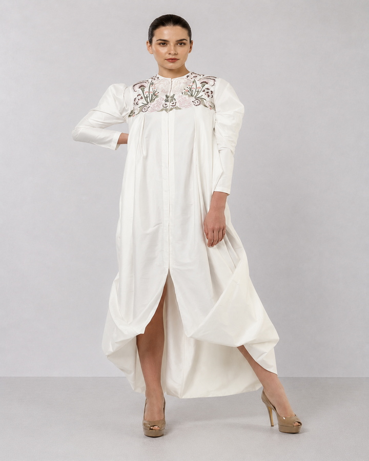 Ivory Floral Embroidered Dress With Statement Puff Sleeves And Sculpted Draped Hem.