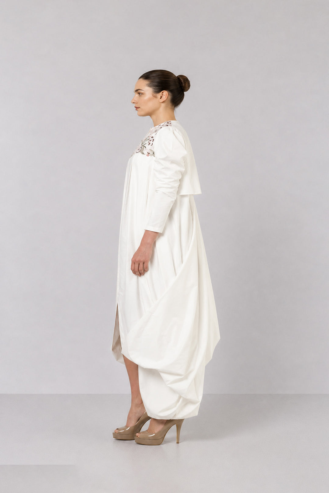 Ivory Floral Embroidered Dress With Statement Puff Sleeves And Sculpted Draped Hem.