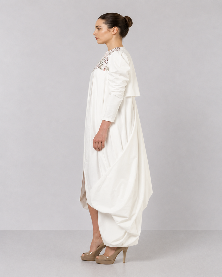 Ivory Floral Embroidered Dress With Statement Puff Sleeves And Sculpted Draped Hem.