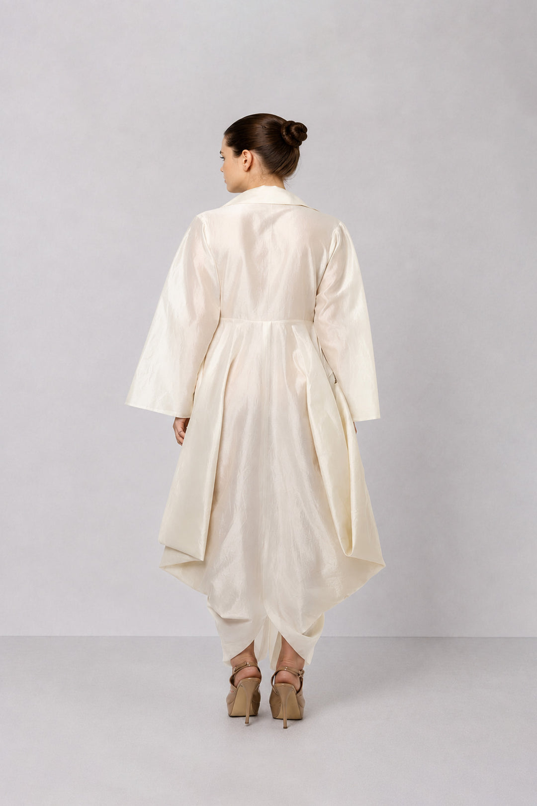 Ivory Layered Ensemble With Embroidered Accents And Fluid Draped Silhouette