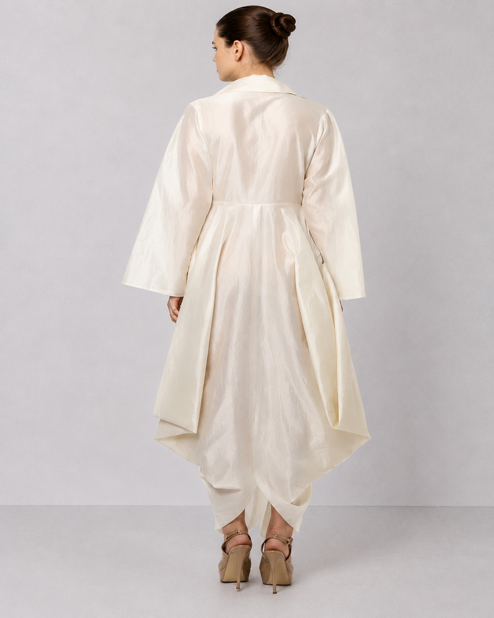 Ivory Layered Ensemble With Embroidered Accents And Fluid Draped Silhouette