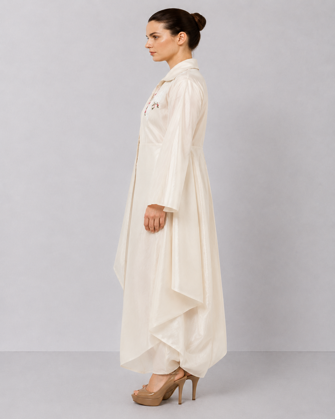 Ivory Layered Ensemble With Embroidered Accents And Fluid Draped Silhouette