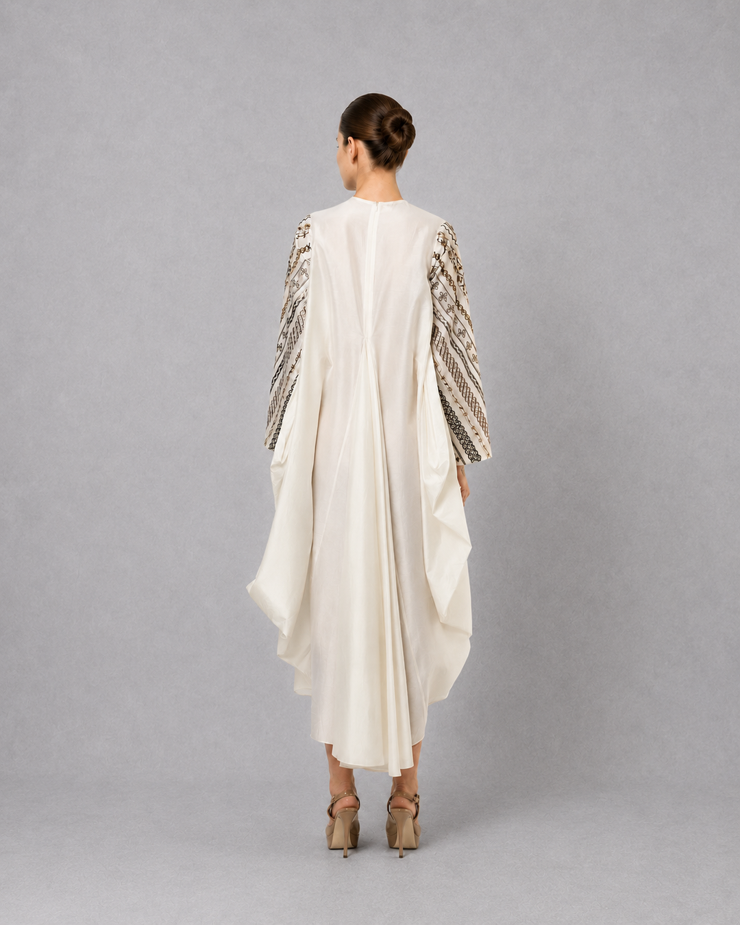 Ivory One-Side Pleated Embroidered Dress With Asymmetrical Hem.