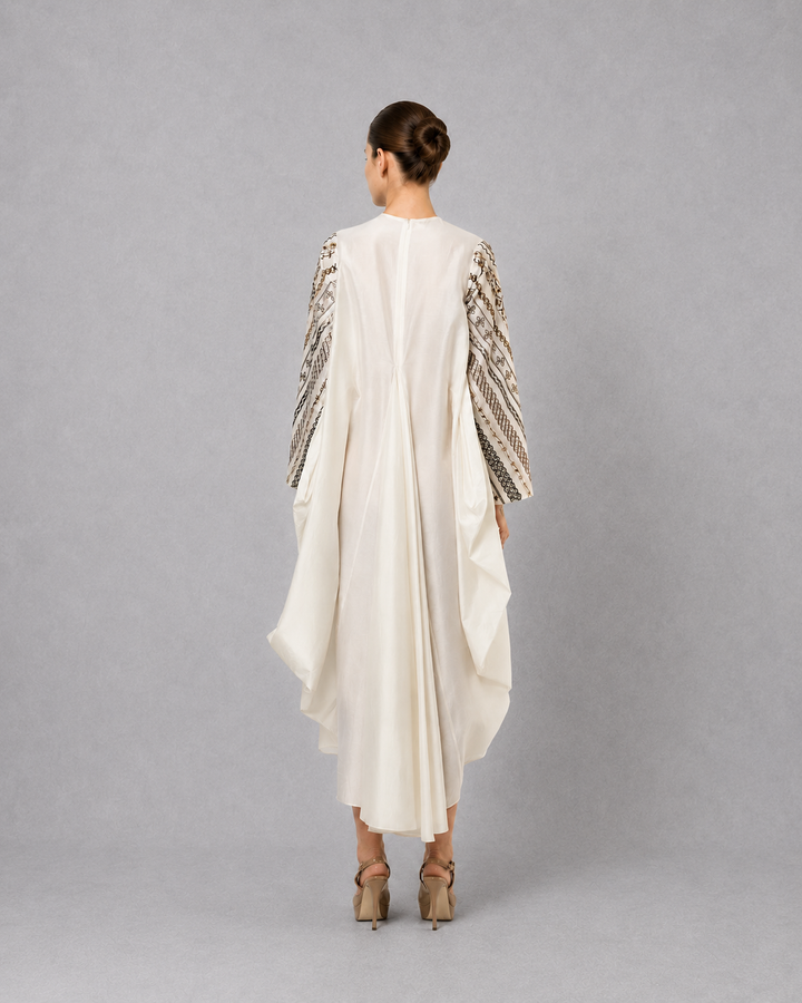 Ivory One-Side Pleated Embroidered Dress With Asymmetrical Hem.