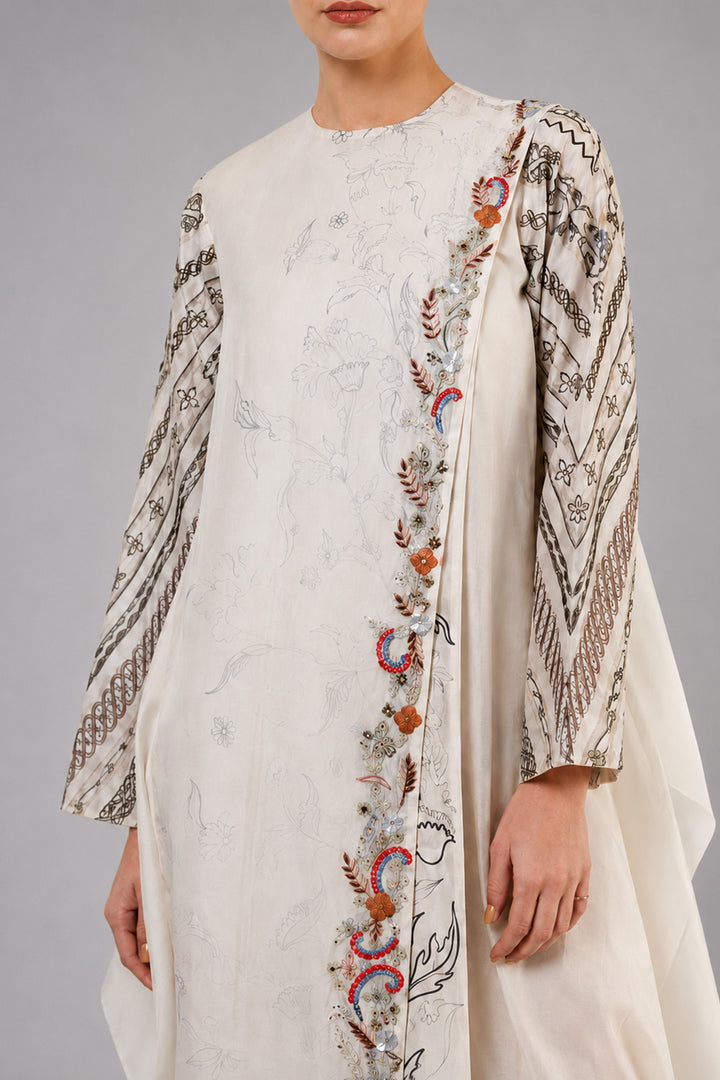 Ivory One-Side Pleated Embroidered Dress With Asymmetrical Hem.