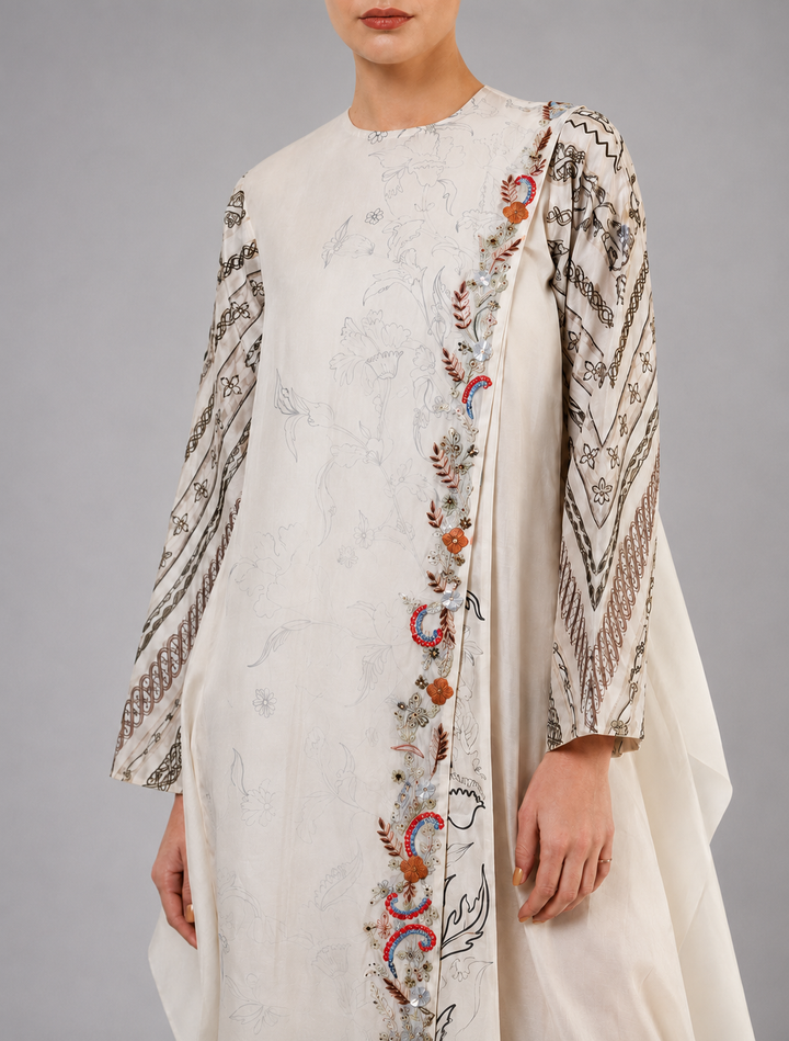 Ivory One-Side Pleated Embroidered Dress With Asymmetrical Hem.