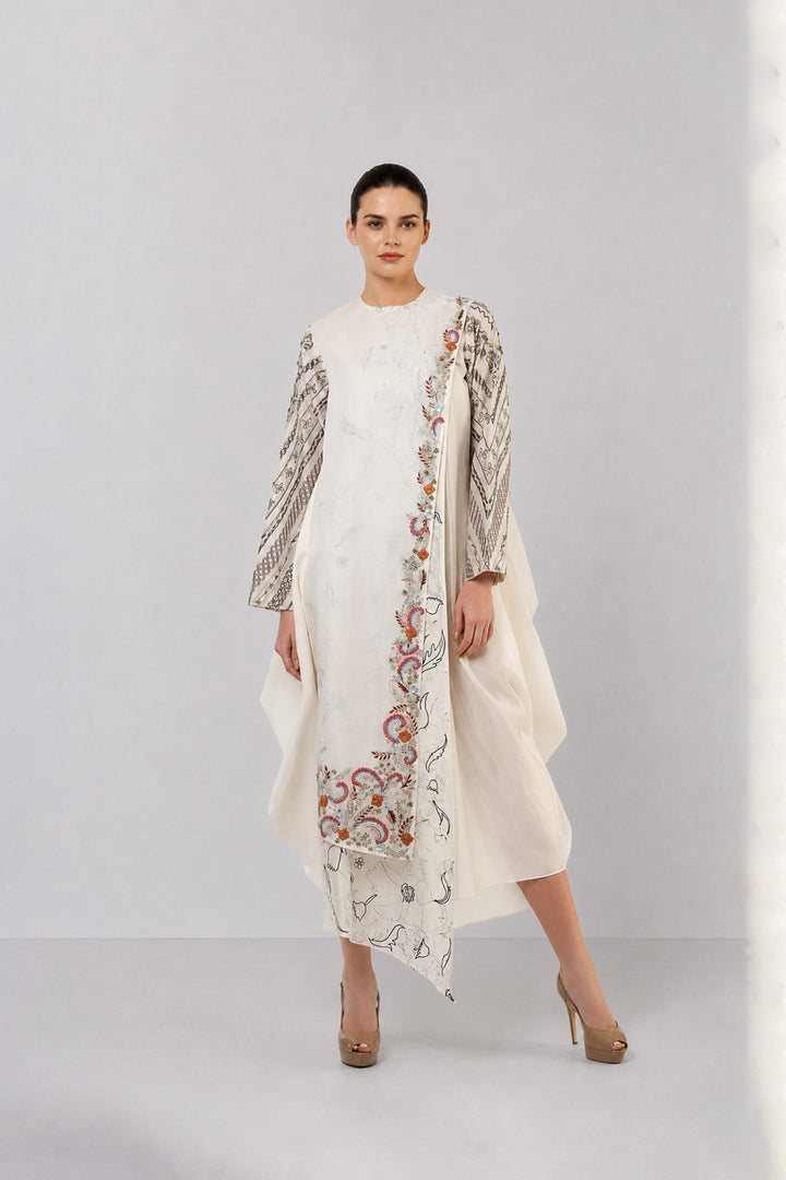 Ivory One-Side Pleated Embroidered Dress With Asymmetrical Hem.