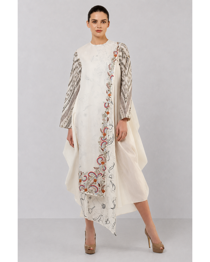 Ivory One-Side Pleated Embroidered Dress With Asymmetrical Hem.