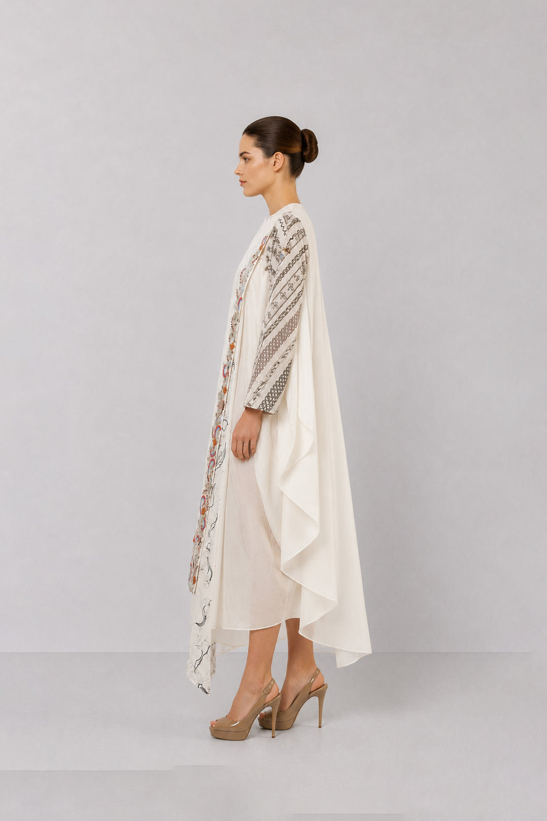 Ivory One-Side Pleated Embroidered Dress With Asymmetrical Hem.