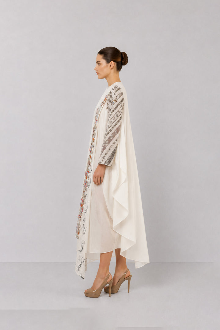 Ivory One-Side Pleated Embroidered Dress With Asymmetrical Hem.