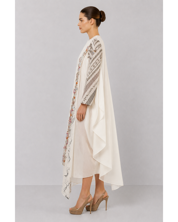Ivory One-Side Pleated Embroidered Dress With Asymmetrical Hem.