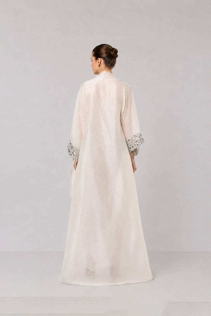 Ivory Draped Dress With Embroidered Neckline And Sheer Overlay Jacket.