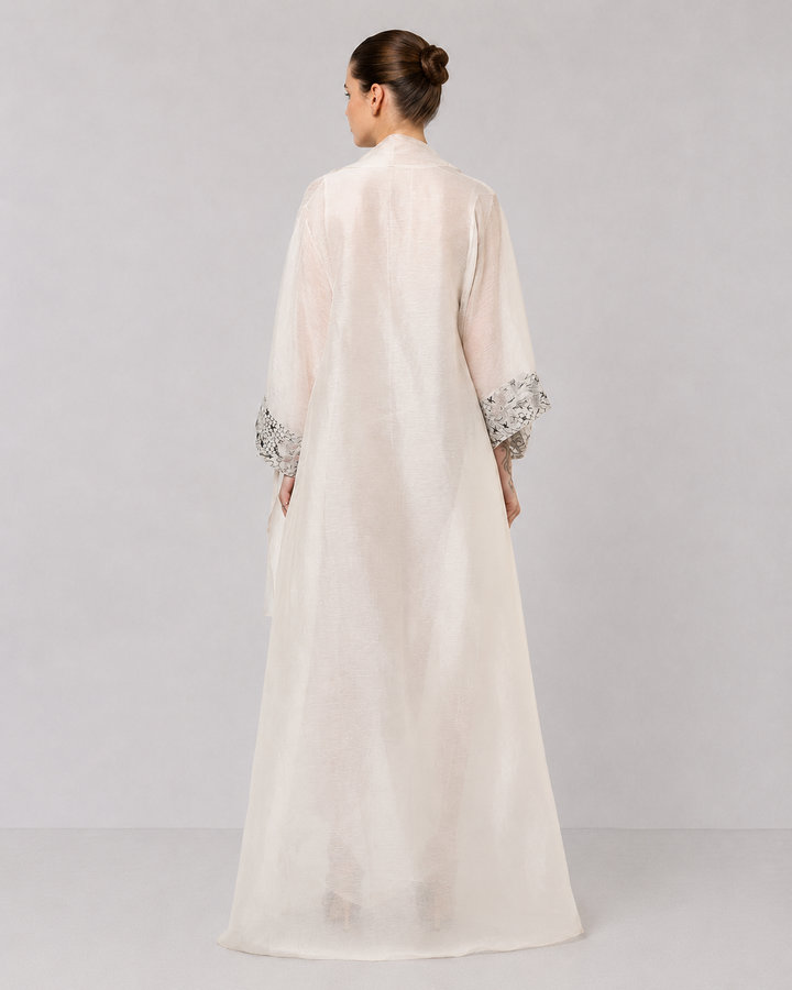 Ivory Draped Dress With Embroidered Neckline And Sheer Overlay Jacket.